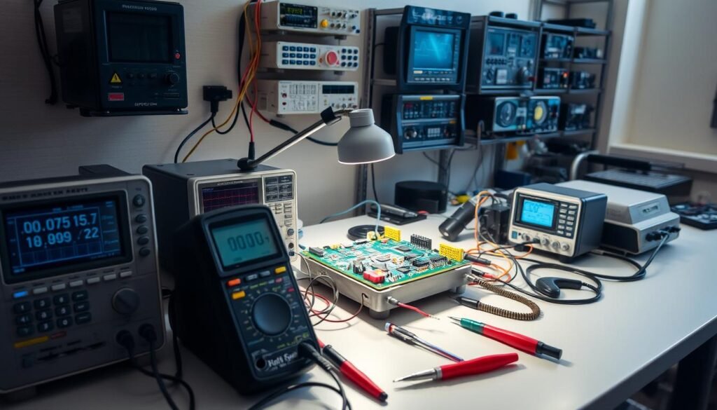 A well-lit, fully-equipped workbench in the Informic Electronics lab, showcasing various electronic testing instruments. In the foreground, a digital multimeter, an oscilloscope, and a soldering station sit neatly arranged. In the middle ground, a printed circuit board assembly (PCBA) is being carefully inspected under a magnifying lamp, surrounded by precision tools. The background features a wall-mounted rack displaying a range of diagnostic equipment, creating an atmosphere of thorough, methodical functional testing procedures.