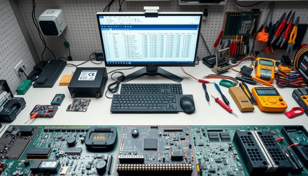 A well-lit, high-angle shot of a clean, organized workbench showcasing best practices in BOM management for PCB assembly. In the foreground, a neatly arranged array of electronic components, arranged by type and value, with clear labeling. In the middle ground, a computer monitor displaying a digital BOM spreadsheet, highlighting accurate part numbers, quantities, and vendor information. In the background, precision tools, such as multimeters and tweezers, are meticulously organized in a tool chest, conveying a sense of professionalism and attention to detail. The overall atmosphere is one of efficiency, organization, and a commitment to a smooth PCBA process.