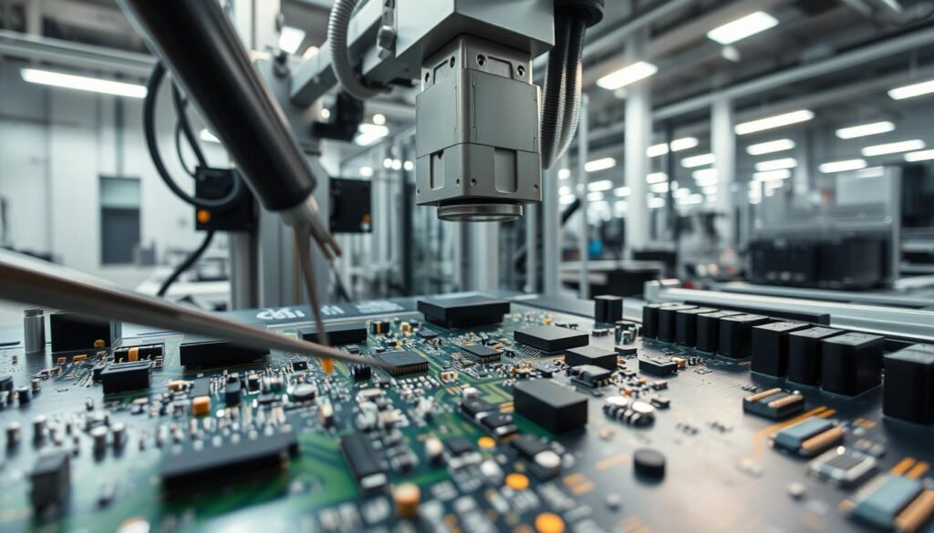 A well-lit, high-angle view of a PCB assembly process. In the foreground, a diverse array of electronic components are being meticulously placed on a bare circuit board using precision tweezers. The middle ground showcases the automated pick-and-place machine delicately positioning components with robotic arms. In the background, a clean, modern manufacturing facility with controlled lighting and ventilation systems. The overall scene conveys a sense of technical expertise, attention to detail, and the importance of proper component placement for PCBA manufacturability and reliability.
