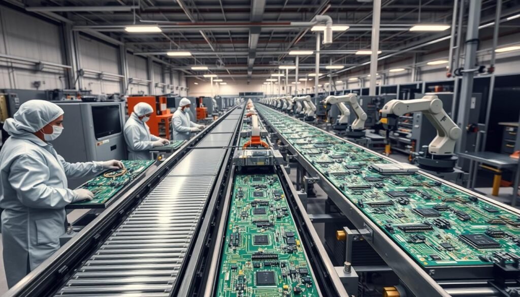 A well-lit, high-angle view of a modern turnkey PCB assembly process. In the foreground, a conveyor belt transports precision-engineered circuit boards through a series of automated stations. Skilled technicians in clean-room attire carefully monitor the various stages, from component placement to soldering and inspection. In the middle ground, robotic arms delicately assemble the boards, moving with fluid, synchronized motions. The background reveals a state-of-the-art manufacturing facility, with rows of specialized equipment and a sense of efficient, streamlined production. The overall scene conveys the sophistication and attention to detail inherent in a turnkey PCBA service, simplifying the supply chain through comprehensive, end-to-end solutions.