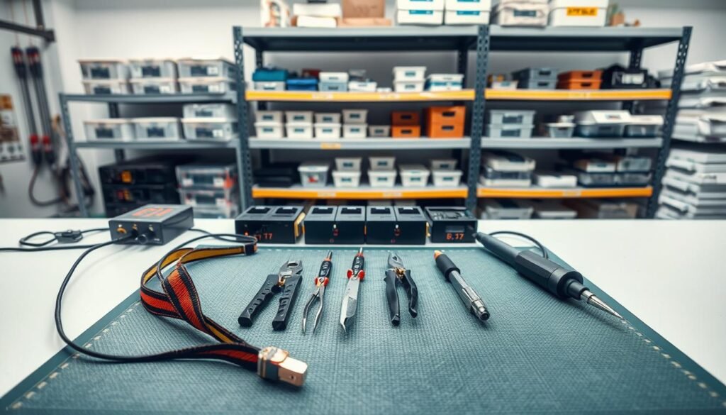 A well-lit, high-angle view of a technician's workstation, showcasing various ESD protection measures. In the foreground, an anti-static mat covers the desk, while a grounding wrist strap connects the technician to the workstation. In the middle ground, a display of ESD-safe tools, including tweezers, pliers, and a soldering iron, rests on the mat. The background features shelves stocked with ESD-shielded containers and packaging materials. The lighting is bright and evenly distributed, creating a professional, clean, and controlled atmosphere, emphasizing the importance of maintaining a safe, static-free environment for PCBA manufacturing.