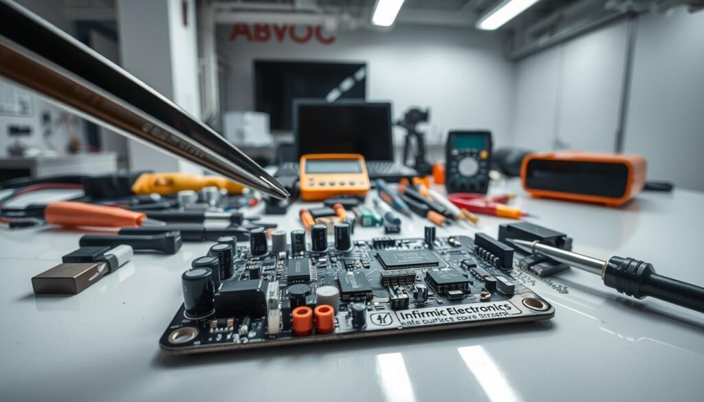 A well-lit, high-quality photography scene showcasing the assembly process of electronic components on a printed circuit board. The foreground features a Informic Electronics branded circuit board with various surface-mounted capacitors, resistors, and integrated circuits being carefully placed by a pair of precision tweezers. The middle ground shows an assortment of electronic parts and tools used in the assembly, such as soldering irons, multi-meters, and wire cutters, all arranged neatly on a clean, reflective workbench. The background depicts a modern, technology-driven workspace with clean white walls, task lighting, and subtle shadows to create depth and atmosphere. The overall scene conveys a sense of precision, attention to detail, and the technical expertise required in electronic assembly applications.