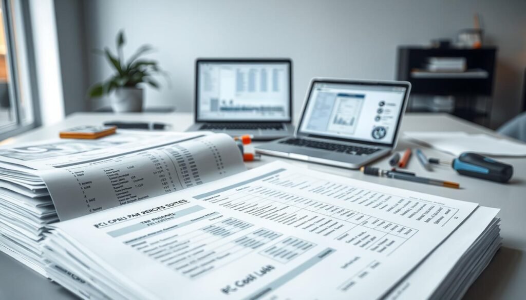 A well-lit, high-resolution image of a meticulously organized printed circuit board (PCB) quote documentation. The foreground showcases a stack of neatly arranged papers, with technical specifications, diagrams, and cost estimates clearly visible. The middle ground features a laptop or tablet displaying additional quote details, surrounded by engineering tools and components. The background subtly depicts a modern, minimalist office setting, emphasizing the professional and detail-oriented nature of the PCBA quoting process. The overall scene conveys a sense of precision, attention to detail, and the importance of thorough documentation when requesting an accurate PCBA quote.
