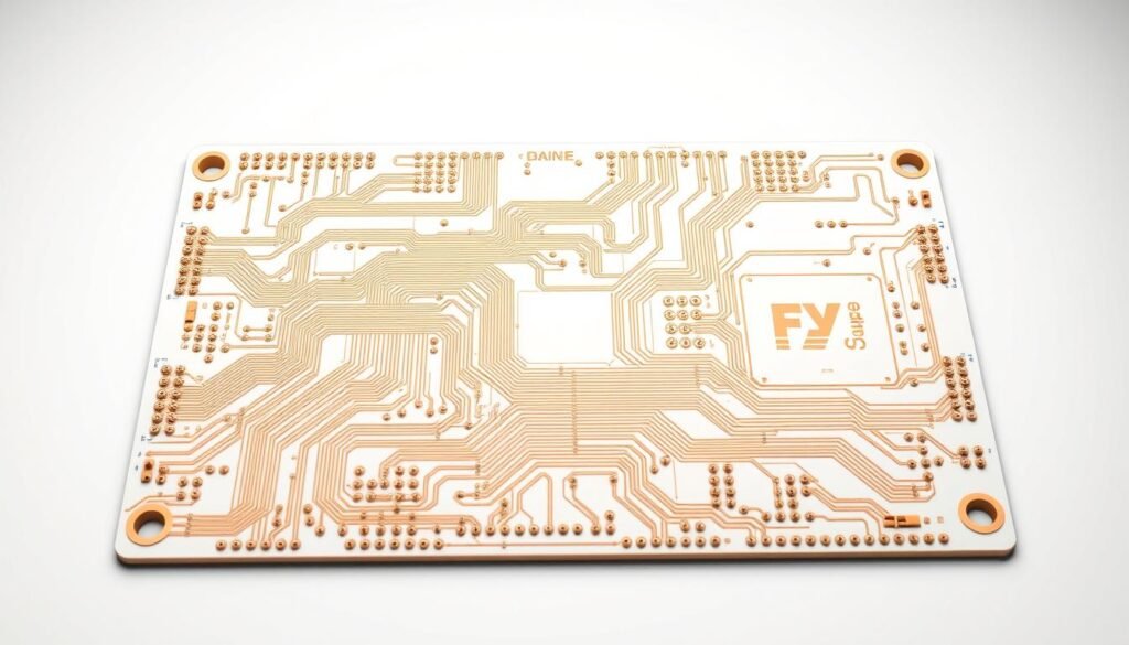 A well-lit, high-resolution image of a printed circuit board (PCB) design showcasing best manufacturing practices. The PCB is rendered in intricate detail, with copper traces, vias, and component footprints clearly visible. The design incorporates design for manufacturing (DFM) guidelines, such as appropriate trace widths, clearances, and solder mask coverage. The board is set against a clean, neutral background, allowing the technical details to be the focal point. The lighting is soft and diffused, creating a professional, technical atmosphere. The camera angle is slightly elevated, providing a comprehensive view of the PCB layout and design elements.