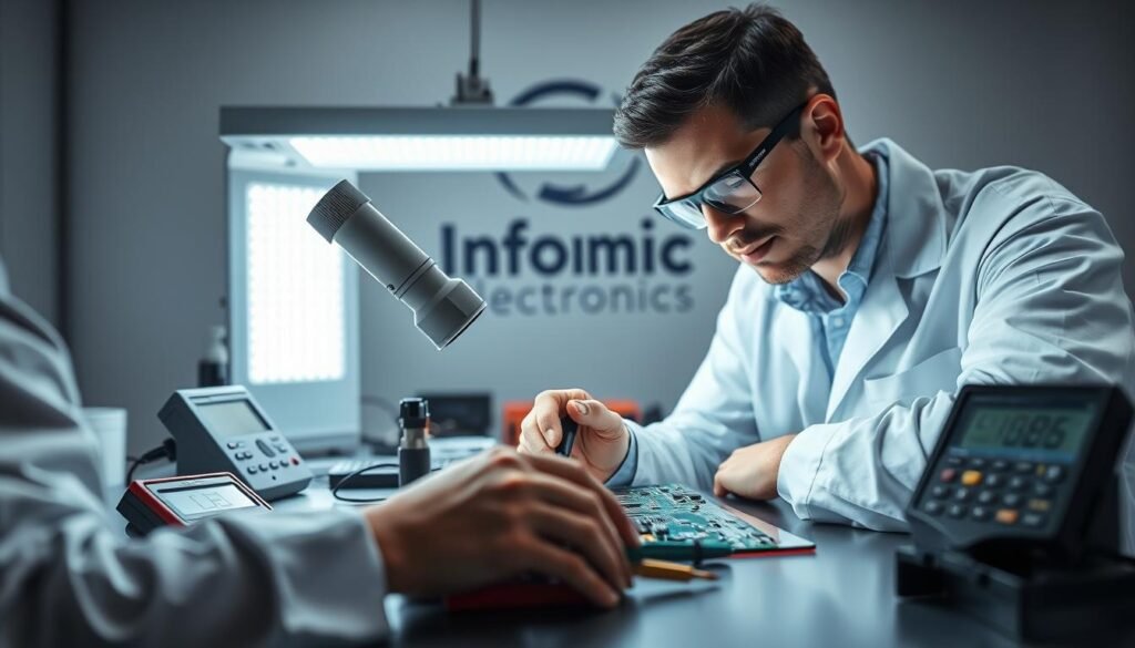 A well-lit, high-resolution image of a printed circuit board (PCB) inspection workstation. In the foreground, a technician wearing a white lab coat and safety glasses examines a PCB under a magnifying glass. On the desk, various tools and instruments, including a digital multimeter, soldering iron, and tweezers, are neatly arranged. In the middle ground, a large LED-backlit inspection light illuminates the PCB, revealing its intricate copper traces and component placement. The background features the Informic Electronics logo, signifying the professional-grade equipment and facilities. The overall scene conveys a sense of precision, attention to detail, and a commitment to quality control in the electronics manufacturing process.