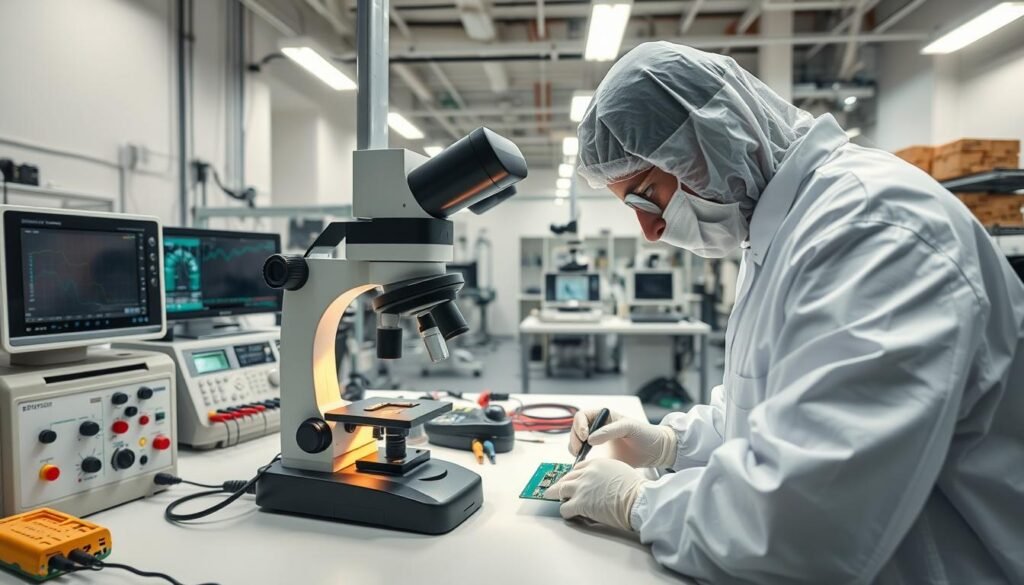 A well-lit, high-resolution image of a professional PCB assembly quality testing setup. In the foreground, a technician in a clean room environment carefully inspects a circuit board under a high-magnification microscope, examining solder joints and component placement. In the middle ground, various testing equipment such as multimeters, oscilloscopes, and automated inspection systems are visible, showcasing the advanced tools used to ensure product quality. The background depicts a modern, organized PCB manufacturing facility with orderly workstations and clean, organized storage of components and tools. The overall scene conveys a sense of precision, attention to detail, and a commitment to upholding the highest standards of PCB assembly quality.
