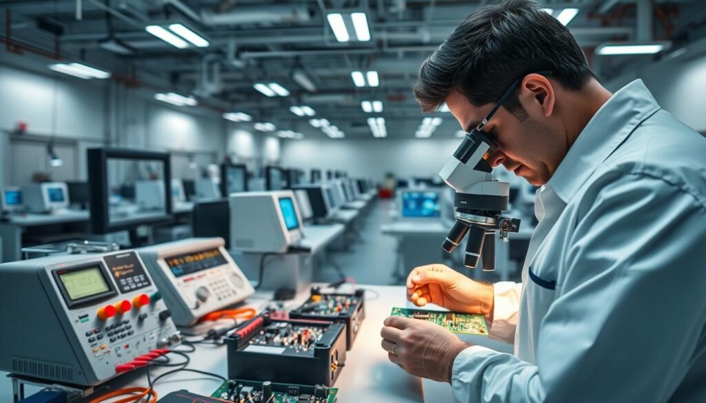A well-lit, high-resolution image of a professional PCB assembly quality testing setup. In the foreground, a technician in a clean room environment carefully inspects a printed circuit board, scrutinizing each solder joint and component placement through a high-magnification microscope. In the middle ground, various testing instruments and diagnostic equipment are arranged neatly, including multimeters, oscilloscopes, and specialized PCB analysis tools. The background showcases the organized, technology-driven workspace, with rows of workstations, electronic components, and a sense of precision and attention to detail. The overall atmosphere conveys the importance of thorough quality control in the PCB assembly process.