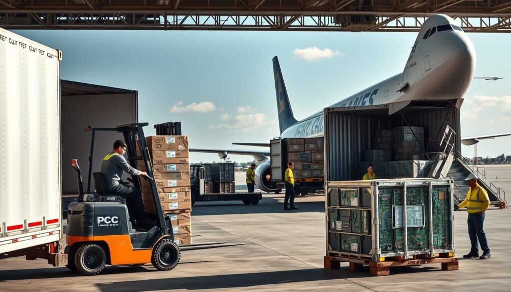 A well-lit, high-resolution photograph of a busy shipping dock, showcasing various methods of transporting printed circuit boards (PCBs). In the foreground, a forklift operator carefully loads a pallet of PCB boxes onto a delivery truck. In the middle ground, workers secure fragile PCB shipments into specialized protective containers. In the background, a cargo plane waits to depart, its hold filled with PCB crates. The scene conveys the complexity and care required to manage freight and shipping costs when sourcing PCBs, with attention to detail and a focus on ensuring safe and efficient transport.