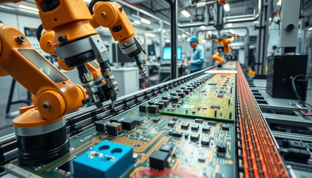 A well-lit, high-resolution photograph of a surface mount technology (SMT) assembly process. In the foreground, delicate robotic arms precisely place miniature electronic components onto a printed circuit board (PCB). In the middle ground, the PCB is conveyed through a reflow oven, the solder paste melting to form secure connections. In the background, a clean, organized manufacturing environment with engineers monitoring the process. Captured from a low angle, highlighting the intricate details and mechanical precision of this efficient SMT assembly line.