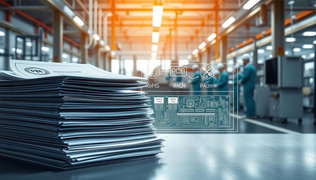 A well-lit, high-resolution, photorealistic illustration of a comprehensive regulatory framework for the PCB industry. In the foreground, a stack of regulatory documents and certifications, including ISO, RoHS, and REACH standards. In the middle ground, a detailed schematic of a PCB assembly process, highlighting critical control points. In the background, a clean, modern factory interior with workers in protective gear, emphasizing the importance of compliance and environmental stewardship. The overall mood is one of technical precision, attention to detail, and a commitment to sustainable practices within the PCB manufacturing industry.