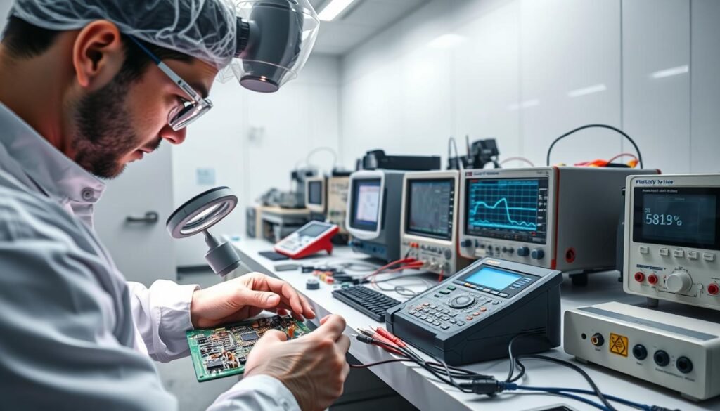 A well-lit, high-resolution scene depicting a professional PCB quality testing setup. In the foreground, a technician in a clean room is meticulously inspecting a printed circuit board under a magnifying glass, verifying component placement and solder joints. In the middle ground, various test equipment such as multimeters, oscilloscopes, and specialized PCB testers are arranged neatly on a sturdy workbench. The background shows a modern, state-of-the-art electronics lab with gleaming white walls, efficient lighting, and a sense of focused, meticulous attention to detail. The overall atmosphere conveys a commitment to rigorous quality control and reliable product functionality.