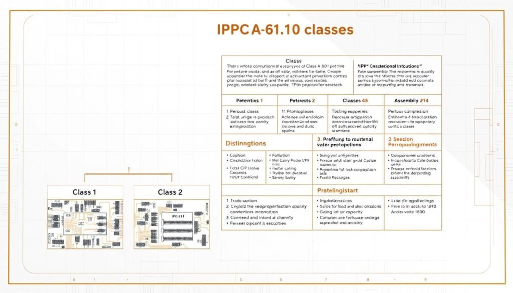A well-lit, highly detailed technical illustration showcasing the three IPC-A-610 classes for electronic assemblies. In the foreground, a close-up view of the class distinctions, with crisp, labeled visuals of the key criteria for Class 1, Class 2, and Class 3 assemblies. In the middle ground, a comprehensive diagram outlining the quality requirements and performance expectations for each class. The background features a minimalist, blueprint-style layout, providing context and emphasizing the technical nature of the subject matter. The overall composition conveys a sense of precision, professionalism, and the importance of adherence to industry standards.