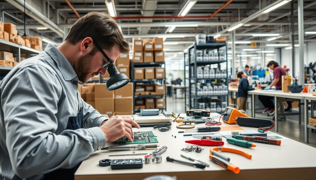 A well-lit, industrial workshop setting, with a focus on a table or workstation dedicated to incoming materials inspection. In the foreground, an engineer or quality control technician examines a printed circuit board, carefully inspecting its components and soldering under a magnifying glass. On the table, various tools and instruments like calipers, multimeters, and sample components are neatly arranged. The middle ground showcases shelves or storage units holding labeled boxes and containers of incoming electronic parts and materials. The background features other workstations, shelving, and the general bustle of a production facility, conveying a sense of a structured, quality-driven environment.