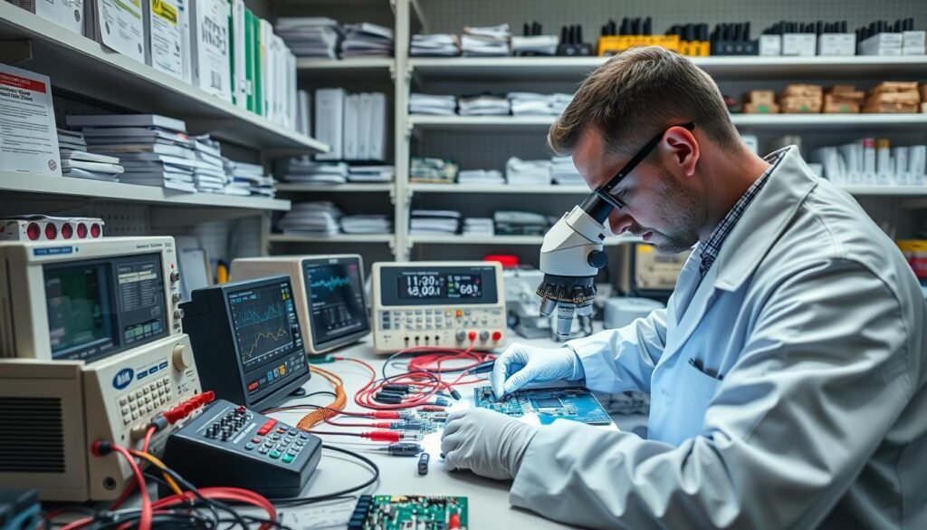 A well-lit laboratory workbench, with various electronic components and tools arranged neatly. In the foreground, a technician in a white lab coat closely inspects a circuit board under a high-magnification microscope, meticulously analyzing its components. In the middle ground, several specialized testing devices, such as a digital multimeter and an oscilloscope, are connected to the board, gathering data. The background shows shelves filled with reference manuals, standards documents, and sample components, creating a sense of a comprehensive, professional approach to counterfeit component identification and validation.