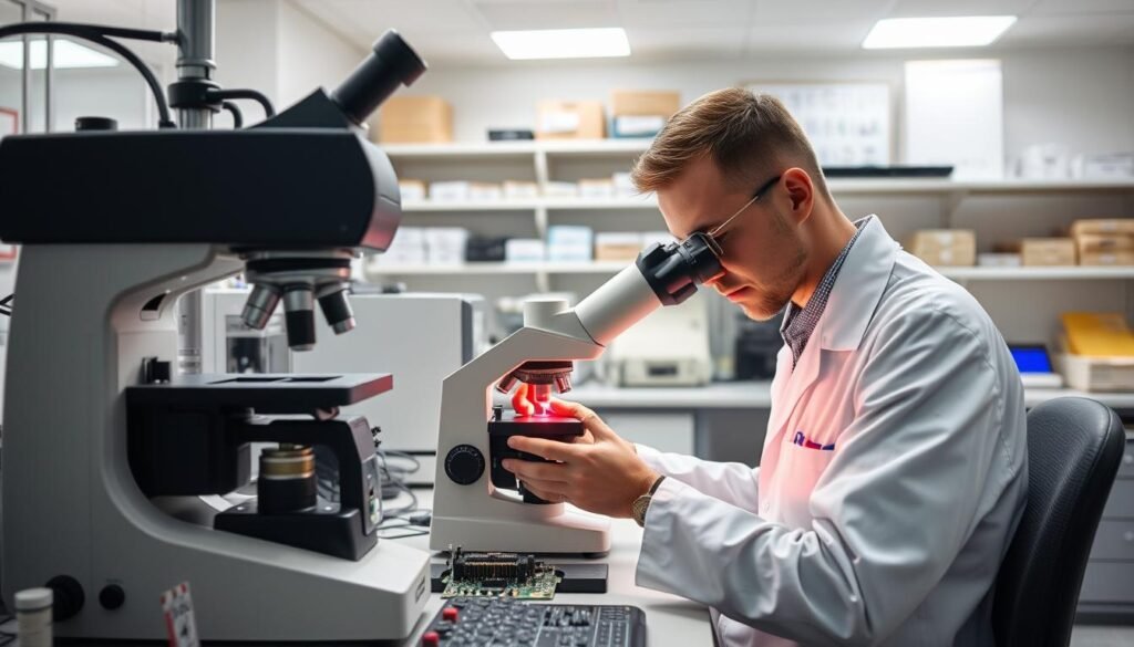 A well-lit laboratory workspace with an assortment of electronic components, circuit boards, and specialized detection equipment. In the foreground, a technician wearing a white lab coat carefully examines a component under a high-powered microscope, scrutinizing it for signs of counterfeiting. The middle ground features various analytical tools like X-ray fluorescence spectrometers and digital microscopes. In the background, shelves hold reference samples and documentation, conveying a sense of thorough, methodical authentication processes. The lighting is bright and clean, creating an atmosphere of precision and diligence as the experts ensure the authenticity of critical electronic parts.