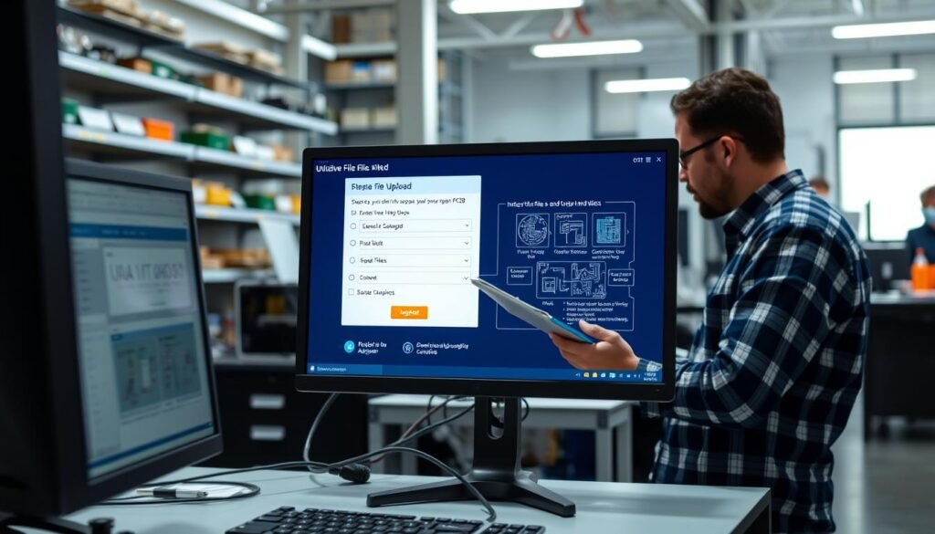 A well-lit, modern office setting with a computer workstation in the foreground. On the screen, an intuitive file upload interface for a PCB manufacturing service, showcasing step-by-step instructions and visual cues. In the middle ground, an engineer reviews Gerber files and other technical documentation, conveying a sense of focused collaboration. The background features shelves of electronic components and manufacturing equipment, establishing the context of a professional PCB production facility. The overall atmosphere is one of efficiency, attention to detail, and a streamlined design process.