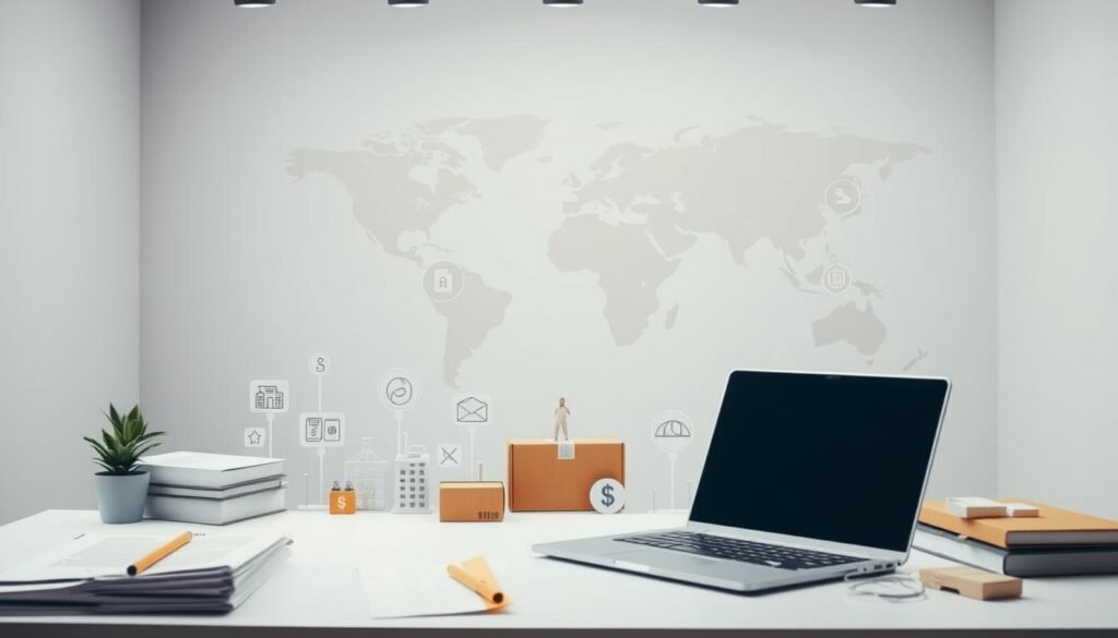 A well-lit studio scene showcasing various solutions to common dropshipping challenges. In the foreground, a neatly organized workspace with a laptop, order forms, and shipping supplies. In the middle ground, visual metaphors for challenges like inventory management, customer service, and logistics displayed as 3D icons. In the background, a stylized world map highlighting global shipping routes. The overall mood is one of professionalism, efficiency, and problem-solving, with a subtle color palette and clean, modern aesthetics.