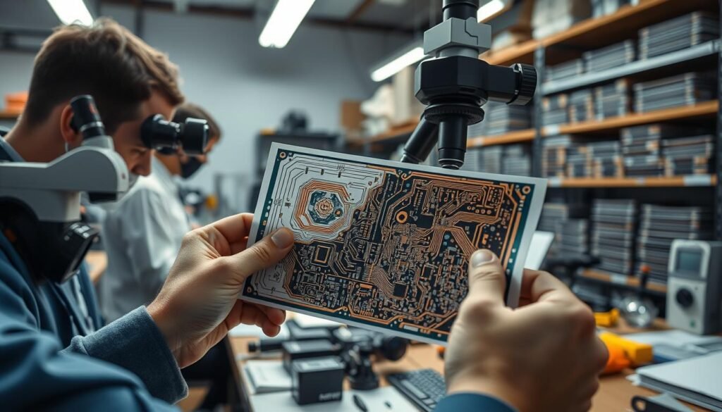 A well-lit workshop interior, a team of engineers carefully examining a printed circuit board under a high-powered microscope. Intricate components and copper traces are magnified, revealing the board's complex inner workings. In the foreground, a designer's hand holds a schematic, comparing it to the physical PCB. The middle ground shows various tools and equipment used for evaluation, including a soldering station and precision measurement devices. The background features shelves stocked with additional PCBs, hinting at the evaluation process being part of a larger quality control workflow. The overall atmosphere conveys a sense of diligent, technical scrutiny, reflecting the care and expertise required to partner with a PCBA factory that truly understands the industry.