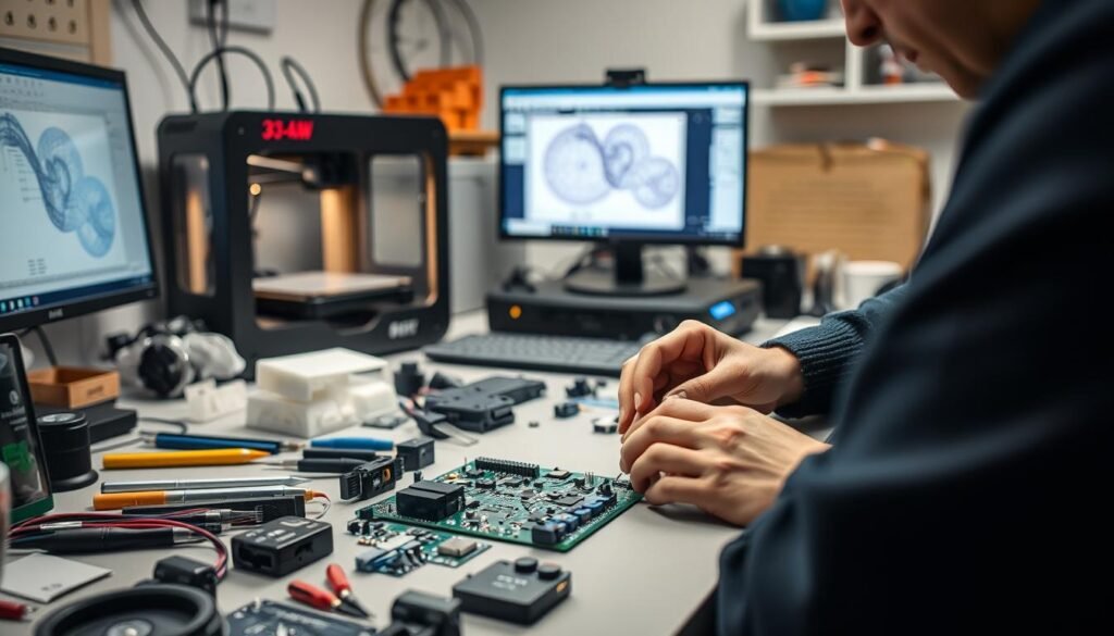 A well-lit workshop scene showcasing the essential steps of rapid PCBA prototyping. In the foreground, a designer's hands meticulously assemble components on a PCB, surrounded by an array of tools and supplies. In the middle ground, a 3D printer whirs, producing custom enclosures. In the background, a computer monitor displays CAD software, with schematics and design files visible. The overall atmosphere is one of focused, methodical work, with a touch of technical sophistication conveyed through the precise lighting and camera angle.