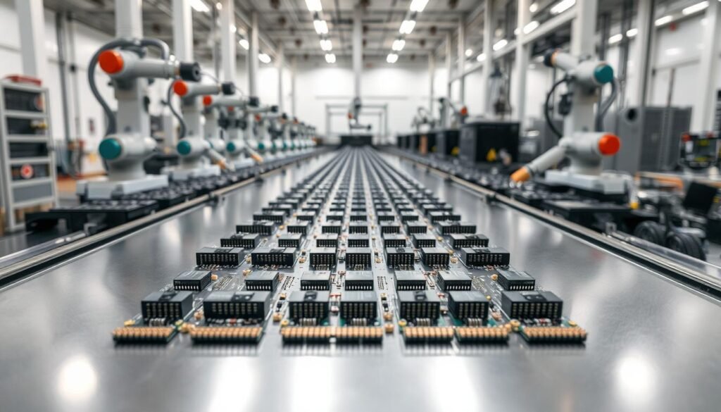 A well-organized electronic assembly line, showcasing standardized components neatly arranged on a sleek, metallic surface. Bright, directional lighting casts sharp shadows, highlighting the precision and efficiency of the manufacturing process. In the foreground, an array of identical electronic modules, their uniform design and layout emphasizing the importance of component standardization. The middle ground features robotic arms meticulously placing the components, while the background reveals a sophisticated factory environment with clean, minimalist aesthetics. The overall scene conveys a sense of technological sophistication, quality control, and cost-effective mass production.