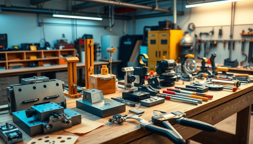 A workshop setting with an array of poka-yoke assembly tools arranged on a wooden workbench. In the foreground, a collection of specialized jigs, fixtures, and guides designed to prevent assembly errors. In the middle ground, various measurement devices, such as calipers and micrometers, as well as ergonomic hand tools. The background features a clean, well-lit space with industrial-style lighting, casting a warm glow on the tools. The overall scene conveys a sense of precision, attention to detail, and a commitment to error-proofing the assembly process.