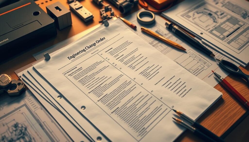 An engineering change order document rests on a neatly organized desk, surrounded by technical schematics, prototypes, and engineering tools. The document's pages are crisp, with clear section headings and meticulous notes scribbled in the margins. Warm, directional lighting casts subtle shadows, emphasizing the document's tactile, physical presence. The scene conveys a sense of careful deliberation and attention to detail, crucial aspects of an effective ECO process. The overall mood is one of professionalism, diligence, and the pursuit of engineering excellence.