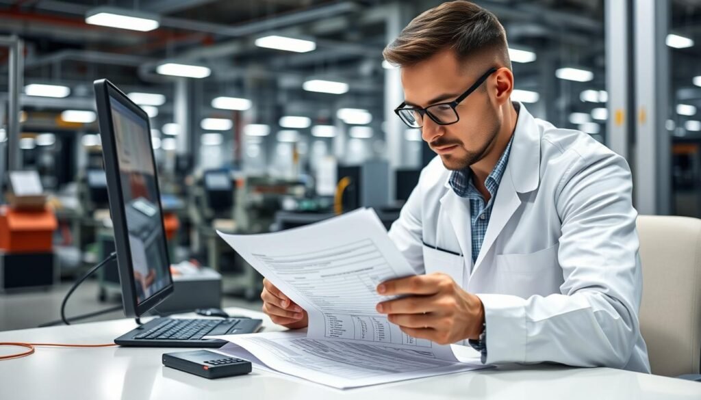Electronics engineer reviewing an RFQ checklist for PCBA quotes with circuit boards in background
