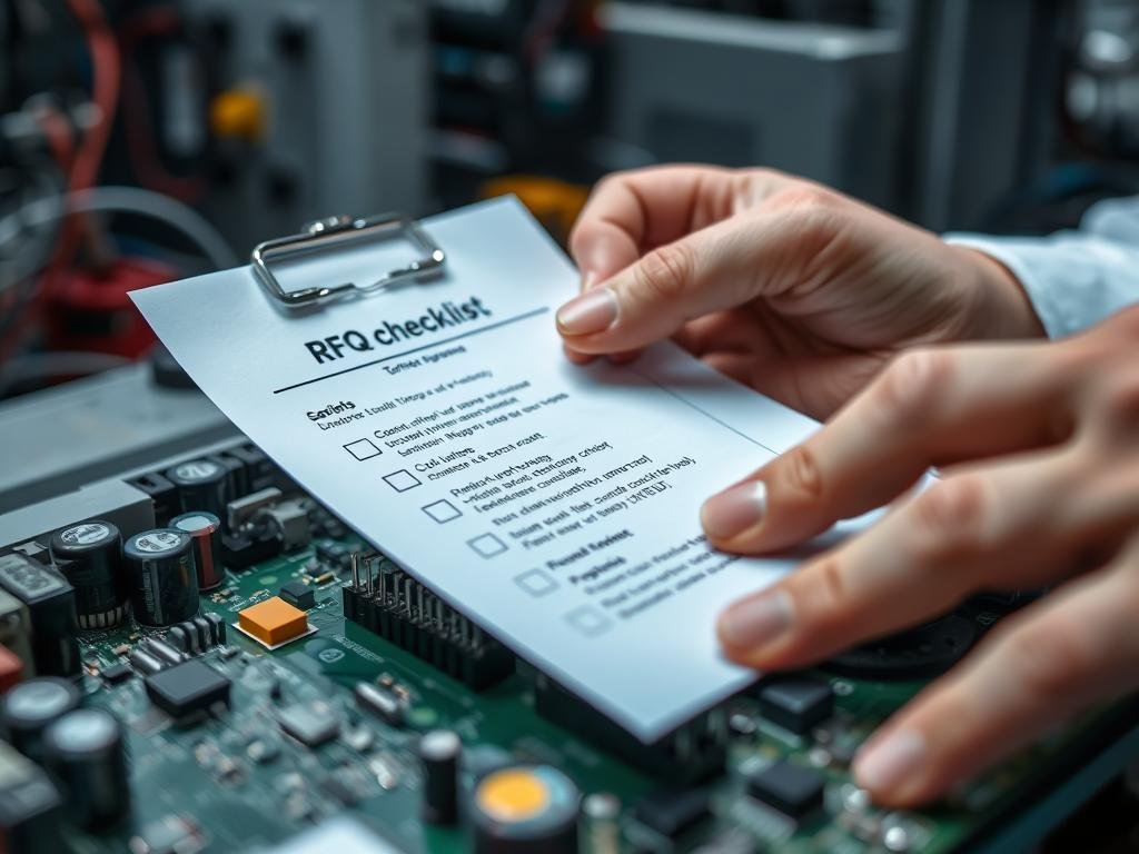 Engineer using RFQ Checklist for PCBA Quotes while examining circuit board