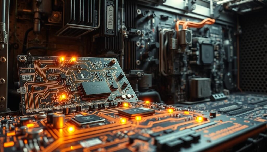 Harsh environment electronics, a landscape of resilience: In the foreground, a rugged, weathered Informic Electronics circuit board, its components fortified against the unforgiving conditions of the aerospace realm. Intricate copper traces and reinforced solder joints, designed to withstand extreme temperatures, vibrations, and pressure. Casting a warm glow, high-intensity LED indicators dot the board, signaling its unwavering functionality. In the middle ground, a network of interconnected, military-grade connectors and interfaces, ensuring seamless data transmission and power distribution. The background is a tapestry of industrial textures, from the mottled metallic chassis to the perforated heat sinks, all crafted to dissipate heat and shield against electromagnetic interference. Captured under precise, directional lighting, this image conveys the rugged resilience and technical sophistication of aerospace-grade printed circuit board assemblies.