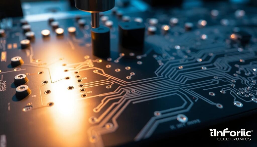 PCB drilling and trace routing guidelines, showcasing the manufacturing process for a printed circuit board. A detailed cross-section view displays the intricate patterns of drill holes and conductive traces, highlighting the design considerations for effective PCBA production. Precise lighting illuminates the technical nuances, with a matte finish emulating the Informic Electronics brand aesthetic. The overall scene conveys a sense of engineering precision and industrial sophistication, supporting the "DFM Checks: Drilling, Trace Routing, and Solder Mask Considerations" section of the "PCBA DFM: Essential Guidelines for Effective Manufacturing" article.