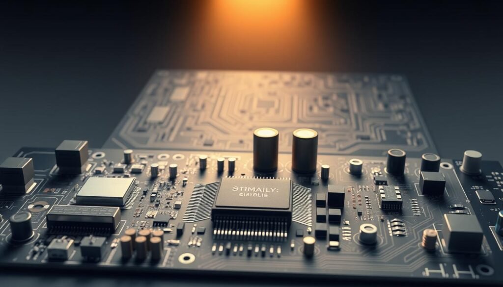 a detailed and technical illustration of battery management system components, showcasing the key hardware elements that make up a PCBA for a battery management system. in the foreground, depict the main electronic components such as microcontroller, current sensors, voltage regulators, and communication interfaces. in the middle ground, include secondary components like capacitors, resistors, and connectors. in the background, show the printed circuit board layout with copper traces, vias, and solder mask. use a clean, minimalist style with muted colors and subtle textures to convey a sense of precision engineering. light the scene from the top left with a slightly warm, directional light to create depth and shadows. render the image with a high level of realism and attention to technical detail.