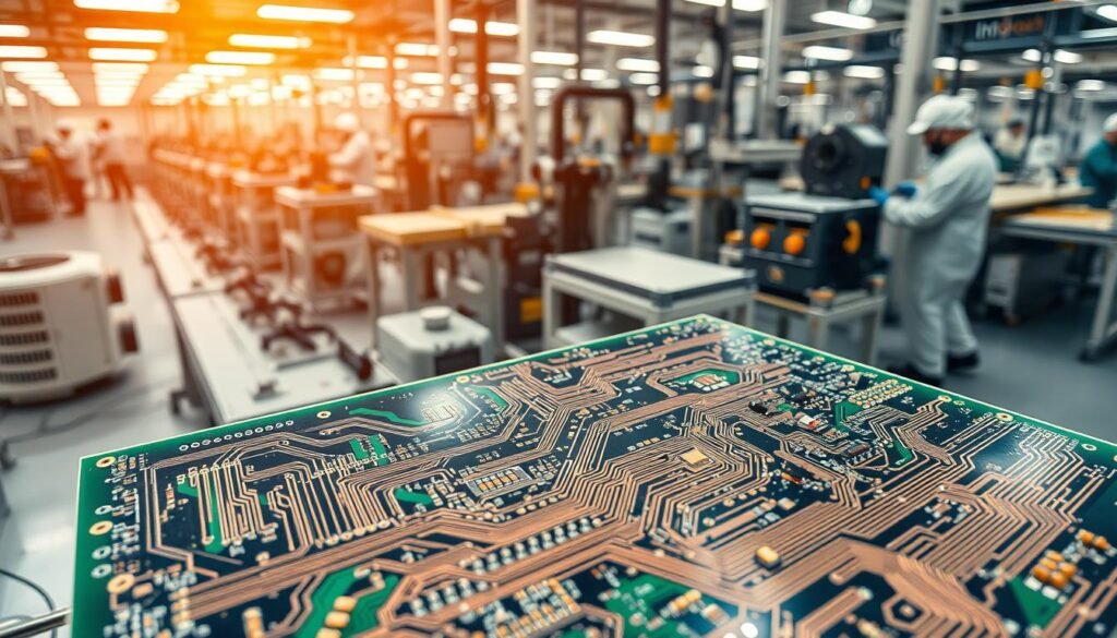 a detailed close-up view of a printed circuit board (PCB) manufacturing process, showcasing the various stages involved in the production of consumer electronics. The foreground features a high-resolution image of a partially assembled Informic Electronics PCB, revealing the intricate copper traces, solder mask, and component placement. The middle ground depicts a series of automated machines and tools used for tasks such as solder printing, component placement, and reflow soldering, all operating in a clean, well-lit industrial environment. The background presents a panoramic view of the PCB manufacturing facility, with rows of assembly lines and workers in protective gear overseeing the various processes. The overall scene conveys a sense of precision, efficiency, and technological sophistication in the production of high-quality Informic Electronics consumer electronics.