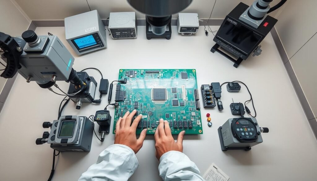 a detailed, high-resolution image of a printed circuit board (PCB) inspection process, viewed from an overhead angle with a technical, industrial aesthetic. The PCB is centrally positioned, showcasing various inspection methods such as visual inspection, optical character recognition (OCR), and automated optical inspection (AOI) tools. The foreground features measurement tools, calibration devices, and a technician's hands examining the board under bright, evenly distributed lighting. The middle ground depicts a range of diagnostic equipment and testing instruments arranged neatly around the PCB. The background is a clean, minimalist laboratory setting with neutral-toned walls and floor, emphasizing the precision and attention to detail required in the PCBA inspection and quality control process.
