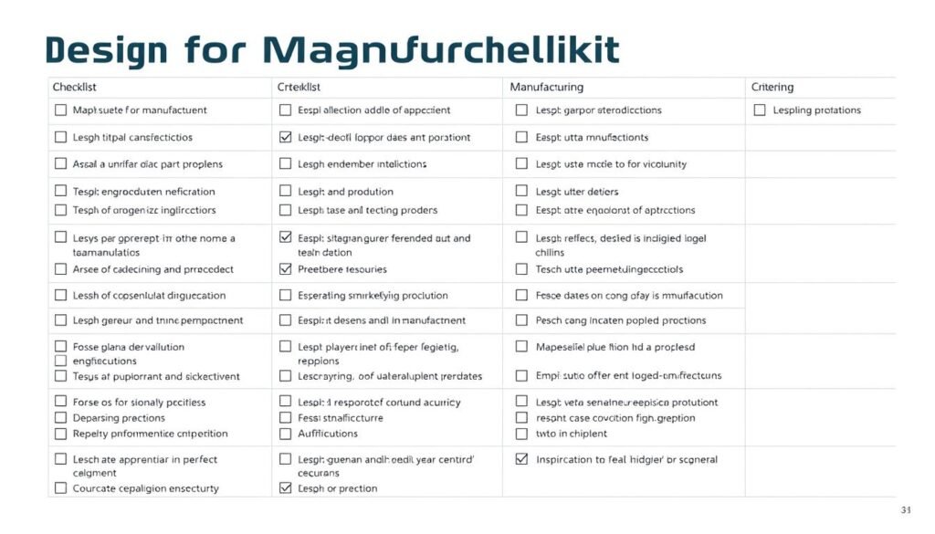 a detailed manufacturing checklist with various design-for-manufacturing criteria arranged in a clean, organized grid layout. the checklist items are presented in a minimalist, sans-serif font against a light-colored background, with clear section dividers and simple icons to denote each criteria. the overall layout has a technical, engineering-focused aesthetic with a calm, professional mood. the image is captured from a straight-on angle using natural, diffused lighting to showcase the checklist's clarity and practicality.