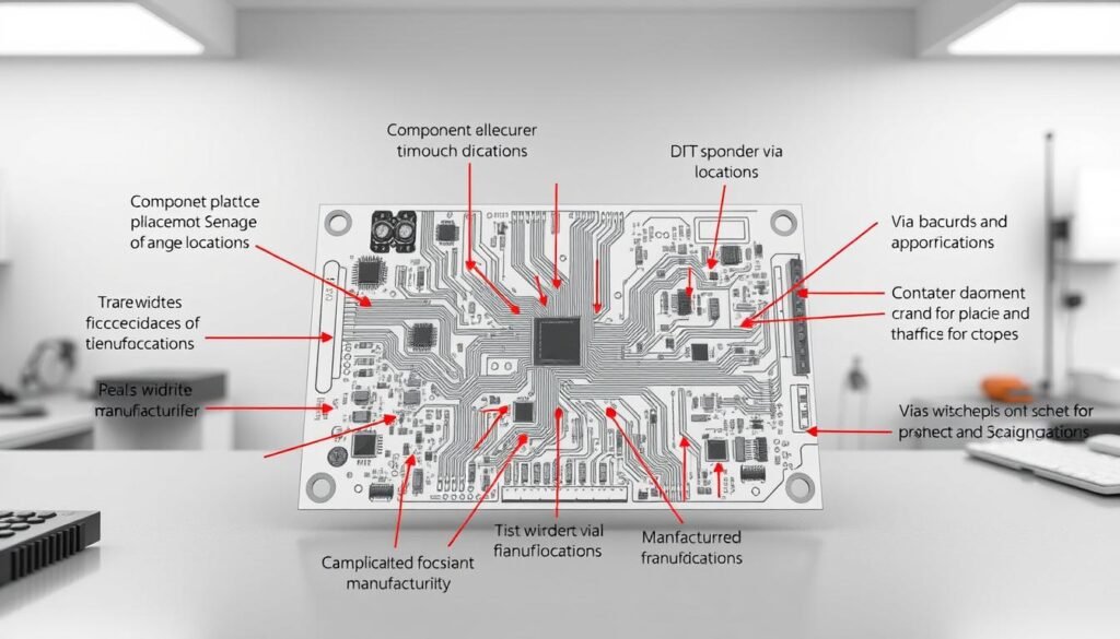 a detailed technical diagram of a printed circuit board (PCB) design, showcasing the principles of Design for Manufacturability (DFM). The PCB is depicted on a clean, well-lit workbench with a neutral background, allowing the design elements to be the focal point. The board features various components, interconnections, and annotations highlighting key DFM considerations such as component placement, trace widths, via locations, and manufacturing-friendly design practices. The overall mood is one of precision, attention to detail, and a focus on the engineering and production aspects of PCB design.