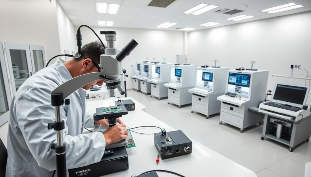 a high-angle view of a modern electronics testing and quality assurance laboratory, with various PCB testing equipment and diagnostic tools arranged on a clean, well-lit workbench. in the foreground, a technician in a white lab coat is carefully inspecting a printed circuit board under a precision microscope, using a variety of specialized instruments and probes to analyze its components and functionality. in the middle ground, several advanced PCB testing stations are visible, each equipped with state-of-the-art diagnostic equipment, digital displays, and control interfaces. the background depicts the sleek, minimalist design of the lab, with subtle lighting accents and a sense of order and professionalism.