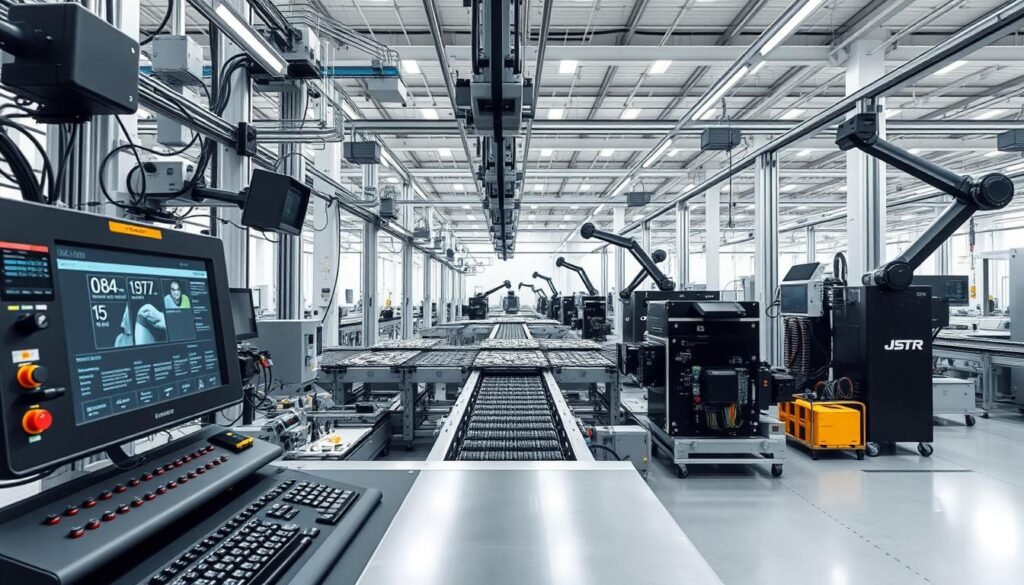 a highly detailed and photorealistic image of an automated component tracking system, featuring a complex network of sensors, conveyor belts, and robotic arms operating in a clean, modern industrial environment. The foreground showcases a central control panel with a large display screen, digital readouts, and various control interfaces. The middle ground depicts the intricate machinery and mechanisms responsible for precisely identifying, sorting, and moving electronic components along the production line. The background reveals a vast, well-lit factory space with high ceilings, ample natural lighting, and a sense of efficiency and automation. The overall mood is one of technological sophistication, precision, and the seamless integration of human and machine processes.
