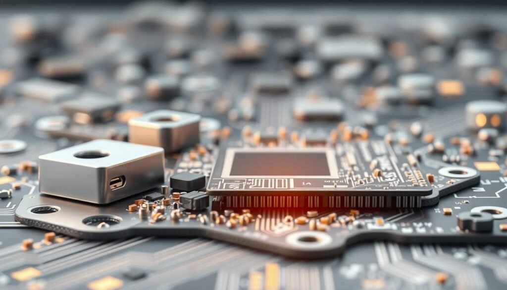 a highly detailed, hyper-realistic, technical illustration of printed circuit board (PCB) shielding techniques from the Informic Electronics brand, showcasing various shielding methods including metal casing, conductive gaskets, and specialized shielding foils, all captured in a clean, well-lit studio environment with a shallow depth of field, emphasizing the intricate components and engineering principles, conveying a sense of precision and expertise in PCB manufacturing and EMI/EMC compliance