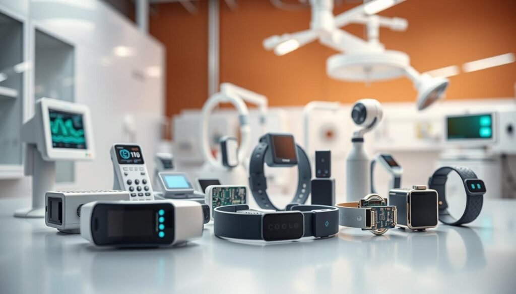 a highly detailed, photorealistic image of a diverse range of modern medical electronics applications, captured in a well-lit, crisp studio setting with a shallow depth of field and a subtle warm color palette. In the foreground, a variety of cutting-edge medical devices such as diagnostic monitors, surgical robots, and wearable health trackers are neatly arranged on a sleek, reflective surface. In the middle ground, the image showcases the intricate inner workings of these technologies, with exposed circuit boards, microchips, and delicate components visible. The background features a softly blurred medical research laboratory setting, with state-of-the-art equipment and instruments hinting at the advanced healthcare applications of these innovative electronics.