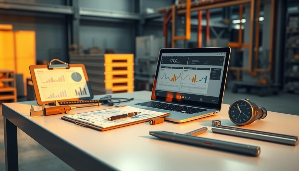 a highly detailed, photorealistic render of manufacturing analytics tools including a laptop or tablet displaying data visualizations, a clipboard with charts and graphs, a set of calipers or measurement tools, and various other instruments used for data collection and analysis in a modern factory or production facility. The scene is lit with warm, directional lighting, casting subtle shadows and highlights that emphasize the materials and textures of the objects. The angle is slightly elevated, providing a clear, unobstructed view of the analytical tools arranged on a clean, minimalist desk or workbench against a muted, industrial background.