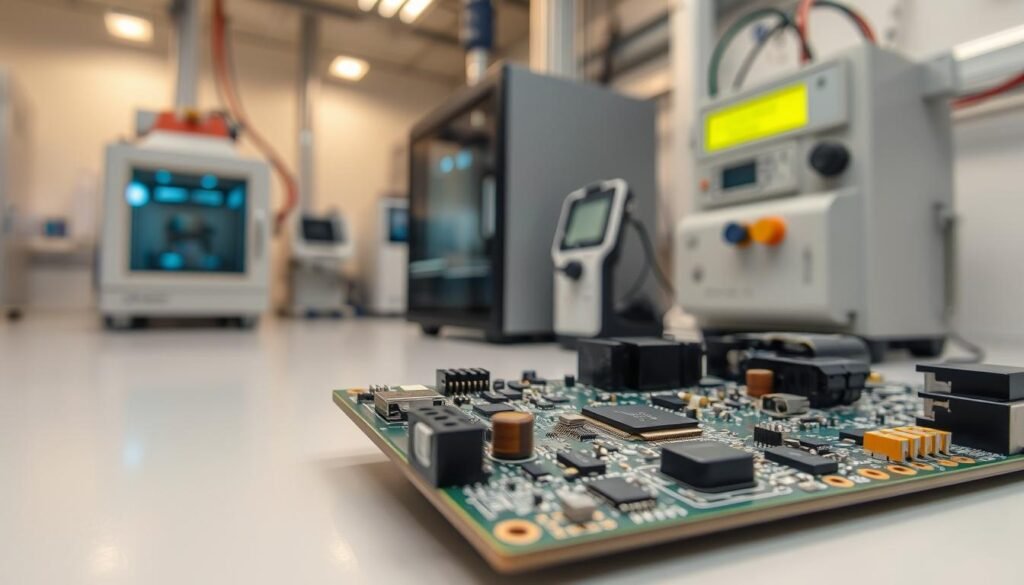 a precision close-up view of a complex printed circuit board (PCB) undergoing advanced reliability testing procedures, shot with a high-resolution macro lens in a well-lit, clean laboratory setting. The PCB is positioned in the foreground, showcasing its intricate circuitry and a variety of electronic components. In the middle ground, various testing instruments and equipment, such as thermal chambers, vibration platforms, and precision measurement tools, are visible, hinting at the comprehensive nature of the reliability assessments. The background is slightly blurred, maintaining focus on the PCB and the testing apparatus. The overall atmosphere conveys a sense of scientific rigor, attention to detail, and a commitment to ensuring the highest levels of PCB reliability.
