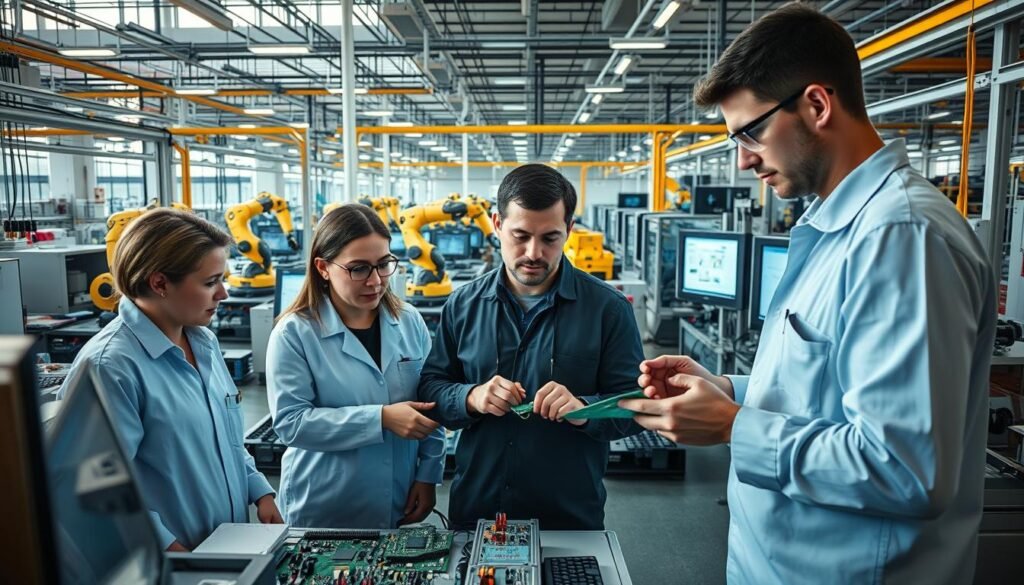 electronics manufacturing collaboration, a vibrant scene of engineers and technicians working together in a state-of-the-art production facility. In the foreground, a group of professionals confer over a circuit board, their faces illuminated by the soft glow of computer screens. In the middle ground, robotic arms precisely assemble components, while in the background, a network of conveyor belts and machinery hum with efficiency. The atmosphere is one of focused collaboration, with an abundance of natural light flooding the space and casting long shadows. The overall mood is one of innovation, progress, and a shared commitment to excellence in electronics manufacturing.