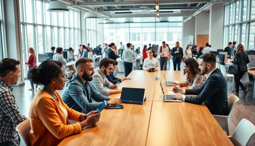A bustling open-plan office space, bathed in warm, natural light from large windows. In the foreground, a diverse team of professionals collaborating intently around a long conference table, their expressions focused as they discuss ideas and exchange insights. In the middle ground, colleagues move between workstations, carrying tablets and files, engaged in animated conversations. The background features a modern, minimalist decor with clean lines, subtle textures, and subtle pops of color, conveying a sense of organizational efficiency and cross-functional synergy. The overall atmosphere is one of dynamic, productive teamwork, where multiple disciplines seamlessly converge to drive innovation.