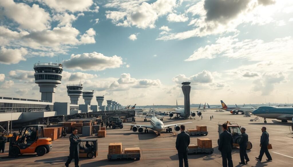 A busy international airport scene with air traffic control towers, a variety of commercial and military aircraft on the runways, and cargo containers being loaded and unloaded by forklifts and cranes. The sky is filled with a mix of bright sunlight and scattered clouds, casting dynamic shadows across the tarmac. In the foreground, uniformed customs and security personnel are conducting inspections and checks on the movement of goods and personnel, ensuring compliance with complex international arms and traffic regulations. The overall atmosphere conveys a sense of order, efficiency, and global connectivity amidst the complexities of navigating the intricate web of policies and guidelines.
