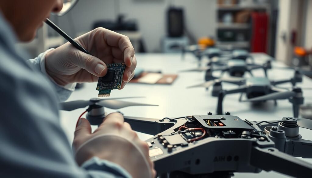 A clean, well-lit workshop setting. In the foreground, a technician carefully aligns a compact GPS module onto a drone printed circuit board assembly (PCBA). Delicate wiring and soldering tools are within reach. The middle ground showcases an open drone chassis, revealing the intricate integration of radio frequency (RF) components. Soft, diffused lighting casts an aura of precision and focus. In the background, additional drone PCBAs and assembly equipment suggest a production-ready environment. The overall atmosphere conveys a sense of technical expertise and attention to detail in the drone module integration process.