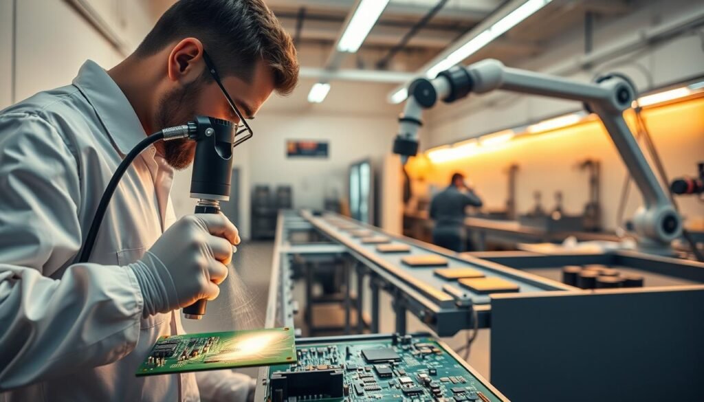 A clean, well-lit workshop with various conformal coating application techniques prominently displayed. In the foreground, a technician carefully spraying a circuit board with a high-precision conformal coating applicator. In the middle ground, a conveyor system carrying boards through a conformal coating dipping tank. In the background, a robotic arm precisely dispensing the coating material onto delicate electronics. Warm, diffused lighting from above casts a soft glow, highlighting the intricate details of the application process. The scene conveys a sense of professionalism, attention to detail, and the importance of proper conformal coating application for protecting outdoor energy system electronics.