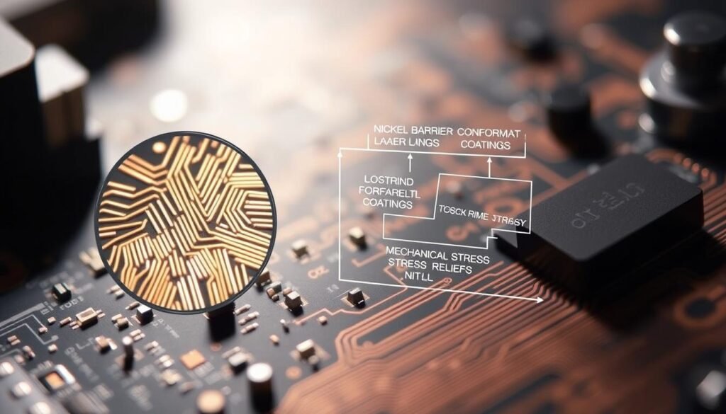 A close-up view of a circuit board, showcasing various tin whisker mitigation strategies. In the foreground, a magnified cross-section reveals the intricate layers of the board, highlighting the copper traces and solder joints. Subtle lighting casts shadows, emphasizing the textural details. In the middle ground, a schematic diagram outlines the different techniques employed, such as nickel barrier layers, conformal coatings, and mechanical stress relief. The background fades into a hazy, technical atmosphere, conveying the complexity and importance of this challenge in lead-free automotive electronics. The overall tone is one of precise engineering and problem-solving, capturing the essence of the section title.