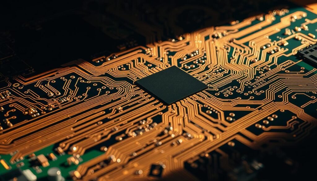 A close-up view of a complex printed circuit board (PCB) design, showcasing intricate copper traces, vias, and component footprints. The PCB is illuminated from the side, casting sharp shadows that accentuate the board's layered structure and the precise engineering behind it. The layout features a symmetrical, well-organized arrangement of components, highlighting the importance of strategic placement for optimal signal routing and thermal management. The overall atmosphere conveys a sense of technical sophistication and attention to detail, reflecting the key design strategies for robust PCB assembly in access control systems.