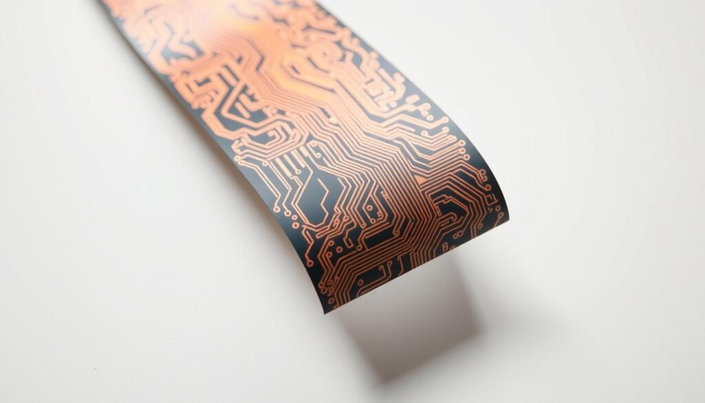 A close-up view of a flexible printed circuit assembly (FPC) showcasing its intricate, layered design. The FPC is depicted against a clean, minimalist background, highlighting its sleek, malleable nature. Intricate copper traces weave across the polyimide substrate, creating a sophisticated, interconnected pattern. Subtle shadows and highlights accentuate the three-dimensional structure, revealing the assembly's flexibility and adaptability. The lighting is soft and diffused, creating a sense of depth and emphasizing the delicate, high-precision engineering of the FPC. This image aims to convey the technical elegance and versatility of flexible PCBA technology, which is crucial for compact, mobile consumer electronics.