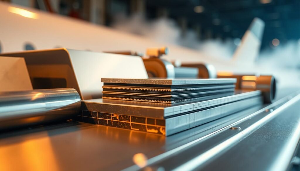 A close-up view of aerospace materials and coatings, captured under a warm, soft lighting. The foreground displays a selection of metallic panels and components, showcasing a range of surface finishes and textures - from matte anodized aluminum to glossy, chromium-plated steel. In the middle ground, microscopic cross-sections reveal the layered structure of specialized thermal barrier and corrosion-resistant coatings. The background gently fades into a hazy, technical atmosphere, hinting at the complex engineering and manufacturing processes involved in producing high-performance aerospace materials.